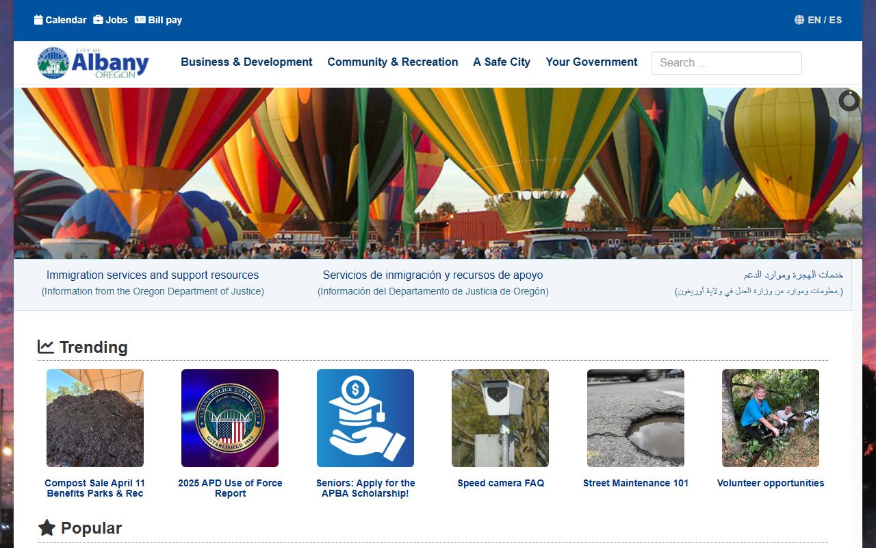 Albany city website showing local government services and public records information