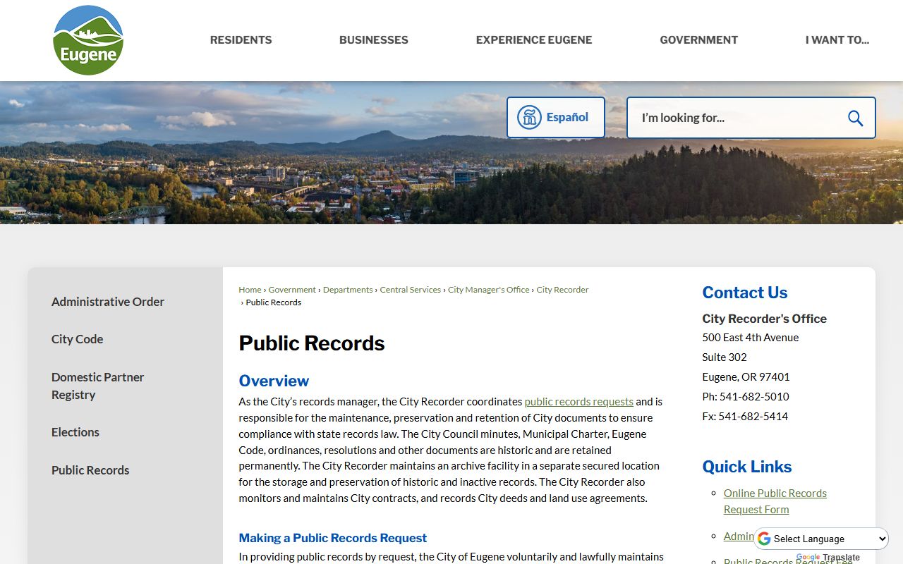 Eugene city public records page showing divorce decree referral to court