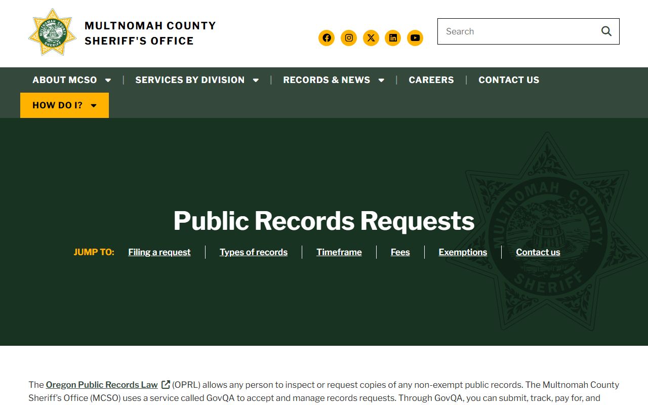 Multnomah County Sheriff public records page showing no divorce decree access
