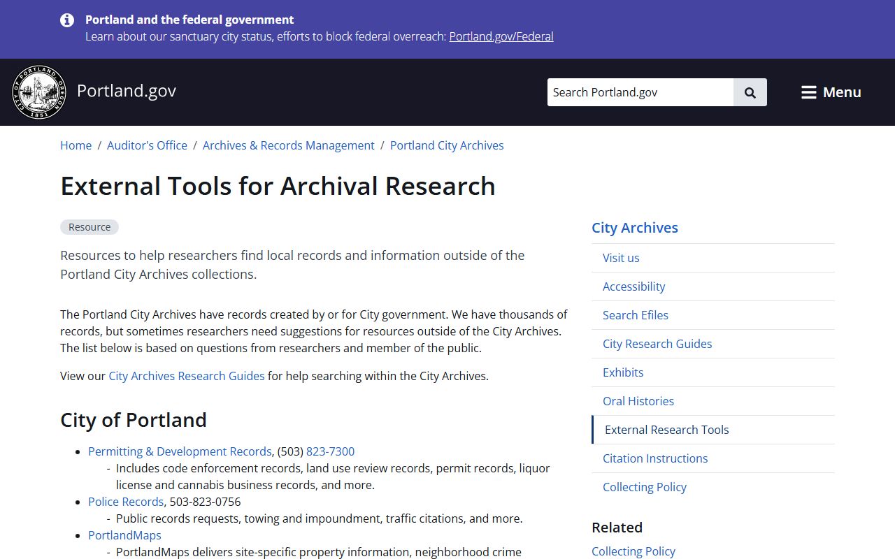 Portland City Archives external research tools page showing divorce decree referral