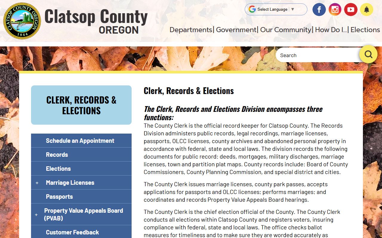 Clatsop County Clerk website showing services that do not include divorce decree records