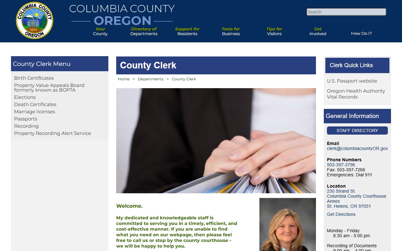Columbia County Clerk website showing services that do not include divorce decree records