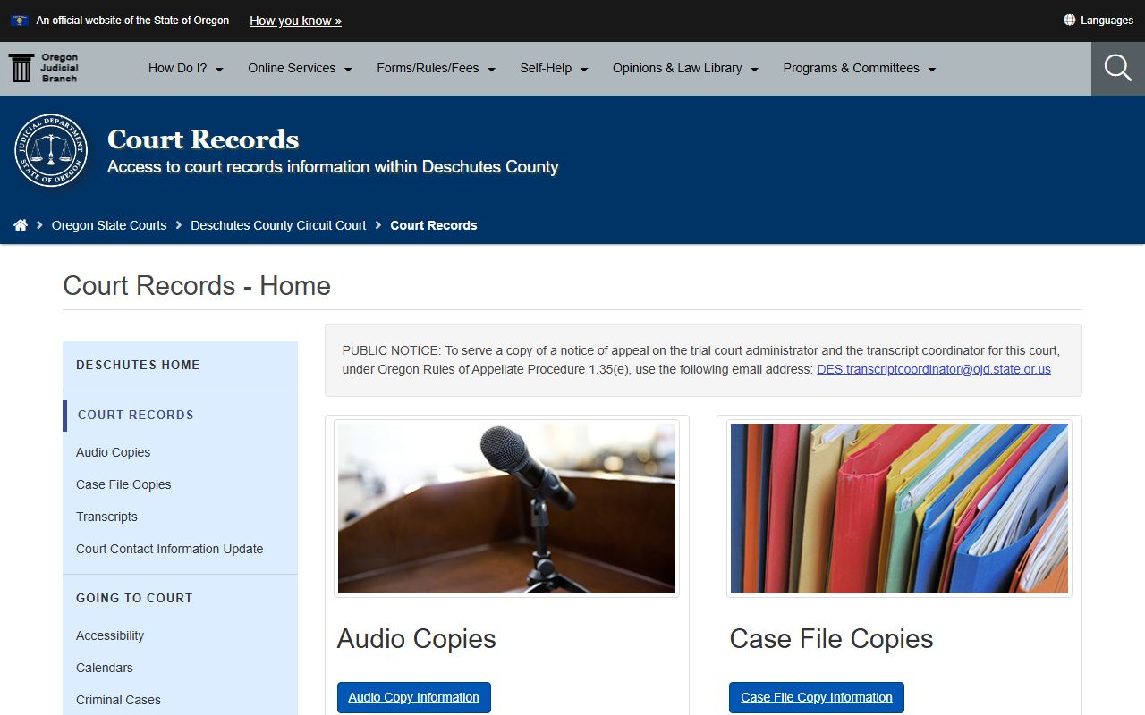 Deschutes County Circuit Court records section for divorce decree filings