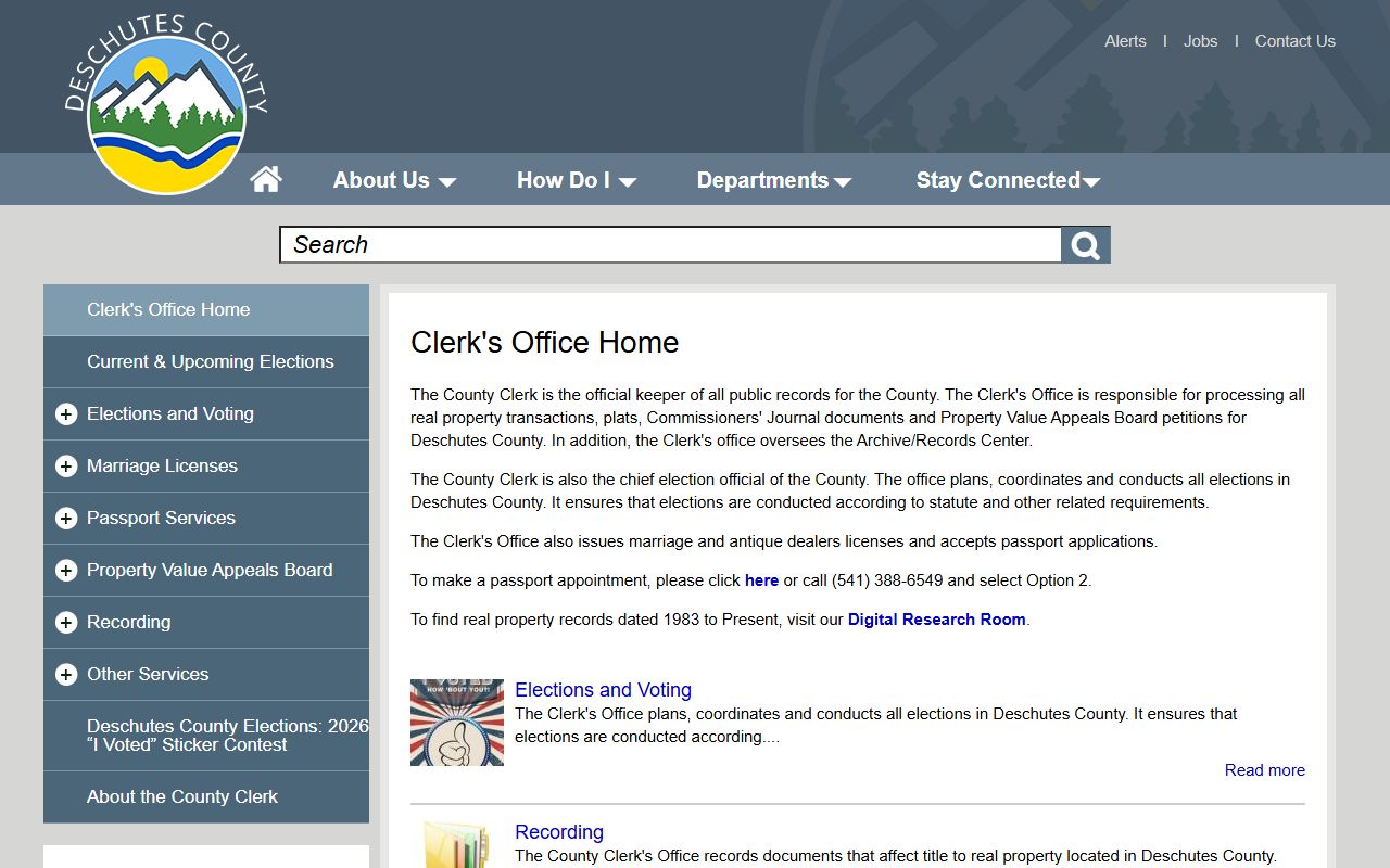 Deschutes County Clerk office page showing services available