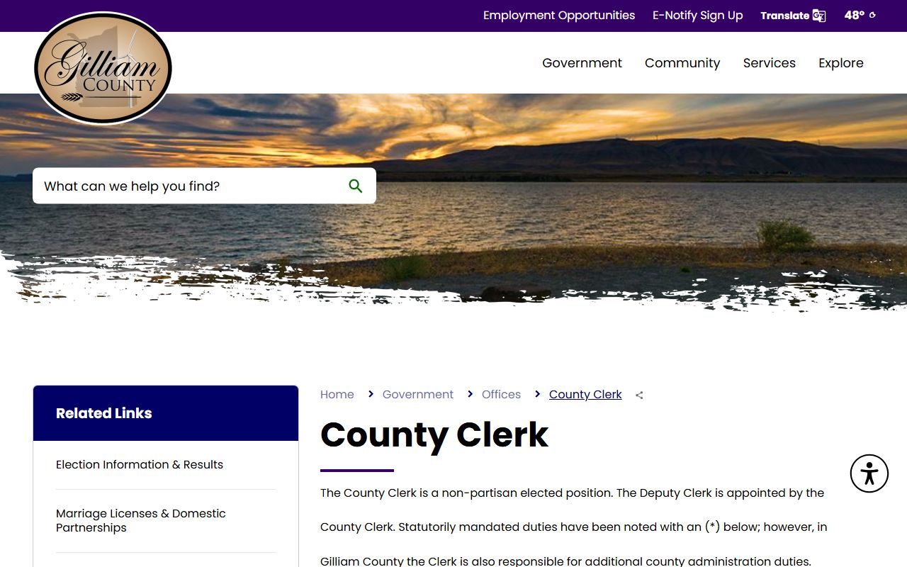 Gilliam County Clerk office website showing county services