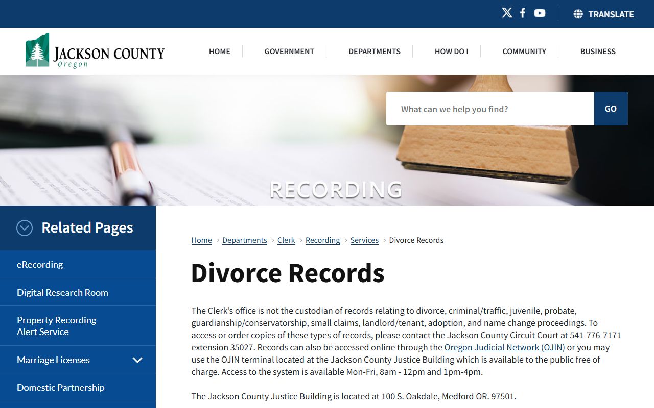 Jackson County Clerk page explaining divorce decree record custody