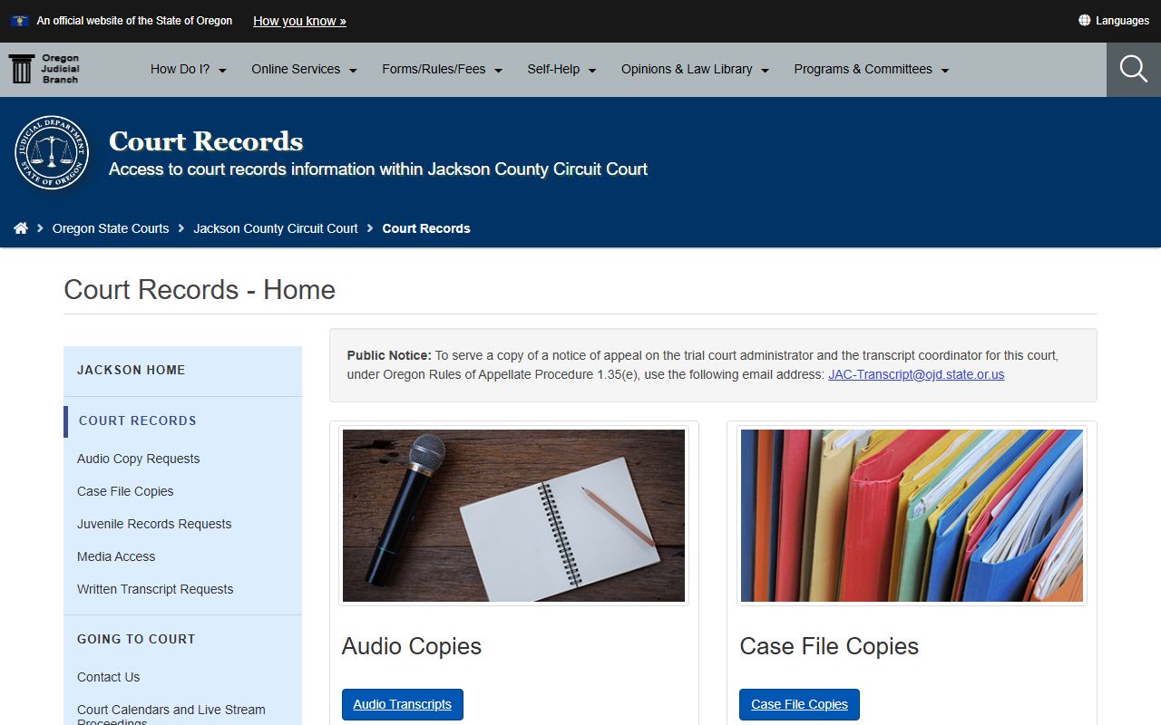 Jackson County court records page showing divorce decree request process