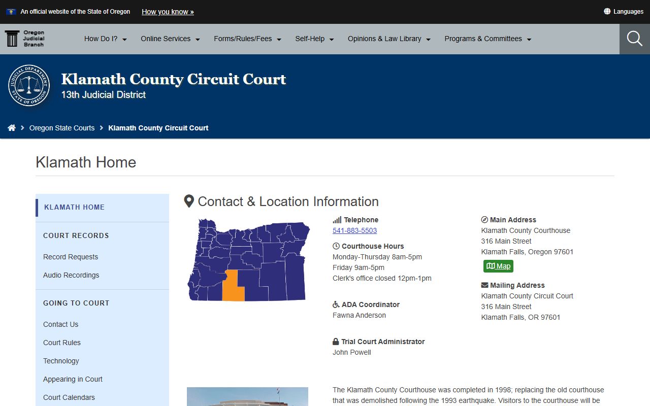 Klamath County Circuit Court website for divorce decree case searches