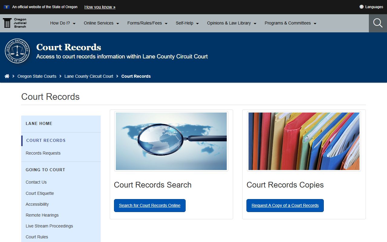 Lane County Circuit Court page for divorce decree records