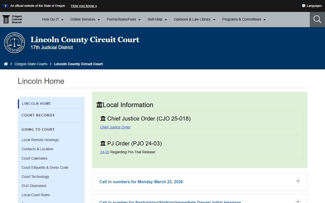 Lincoln County Circuit Court page for divorce decree records