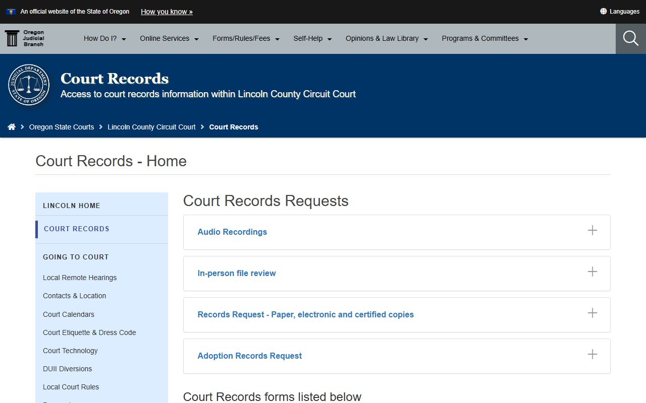 Lincoln County court records page for divorce decree search
