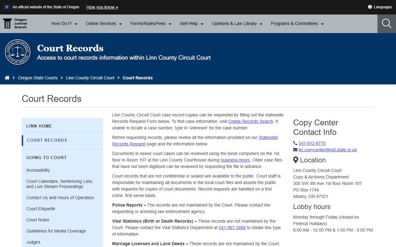 Linn County Circuit Court page for divorce decree records