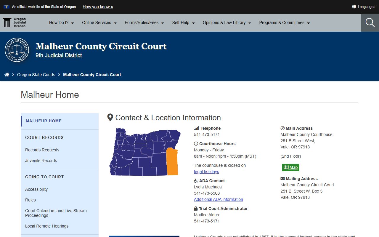 Malheur County Circuit Court page for divorce decree records
