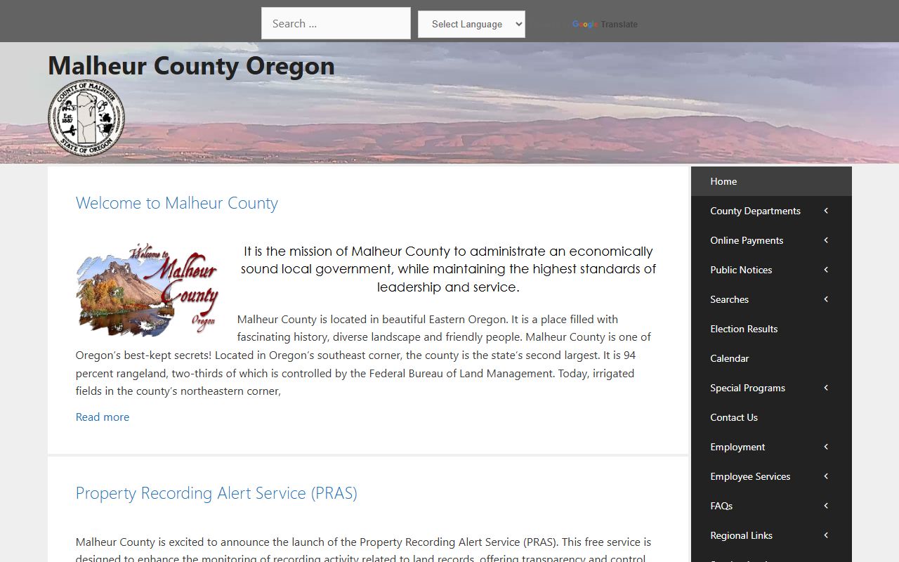 Malheur County website showing county services and contacts