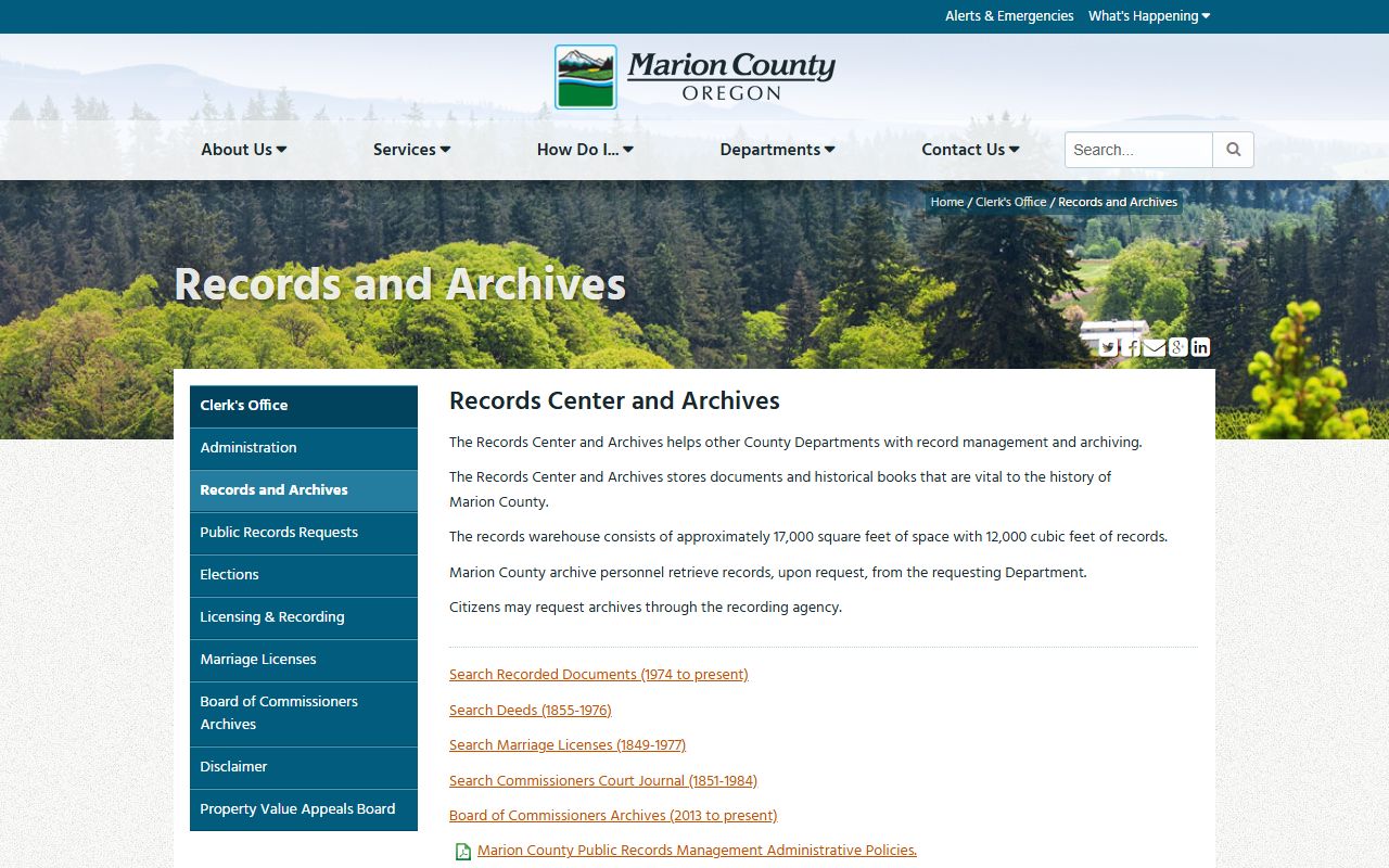 Marion County records page showing available services