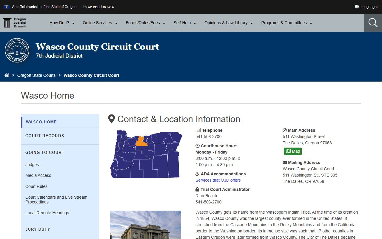 Wasco County Circuit Court page for divorce decree records