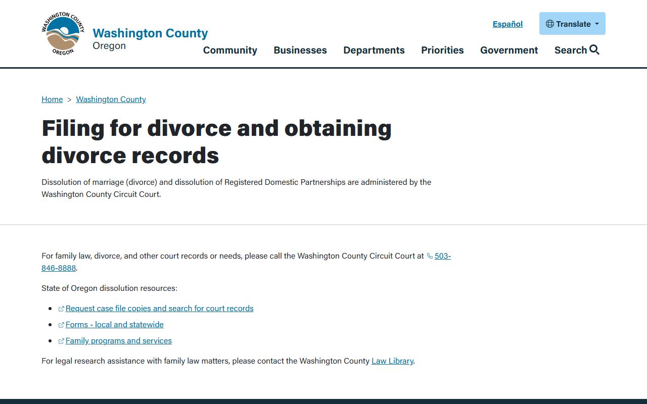 Washington County divorce filing information page