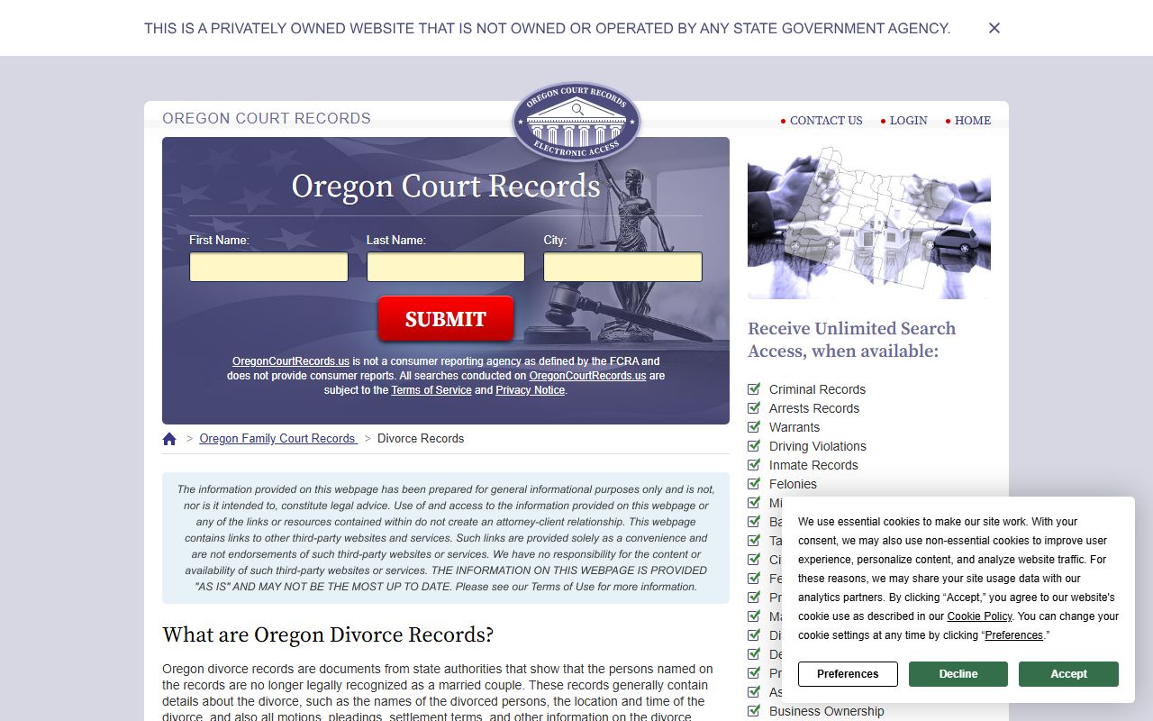 Oregon court records page showing divorce decree access options