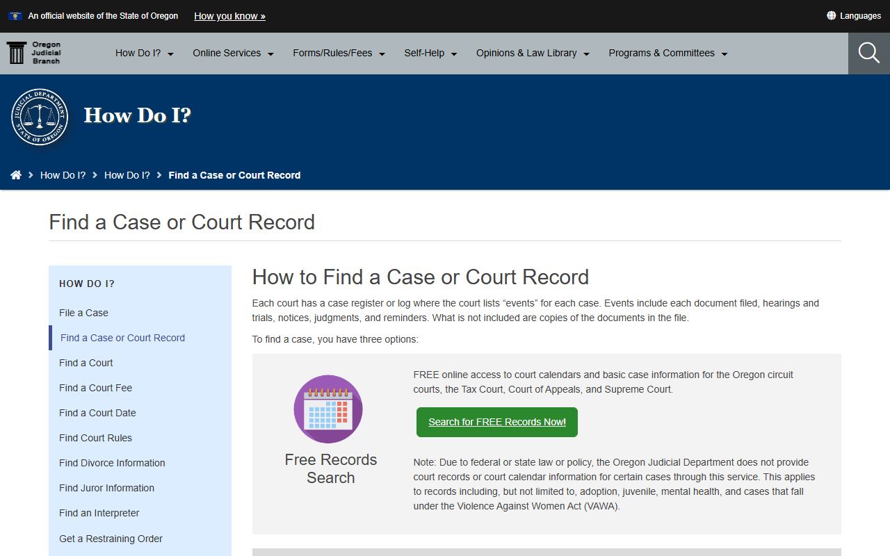 Oregon eCourt Case Information portal for searching divorce decree records