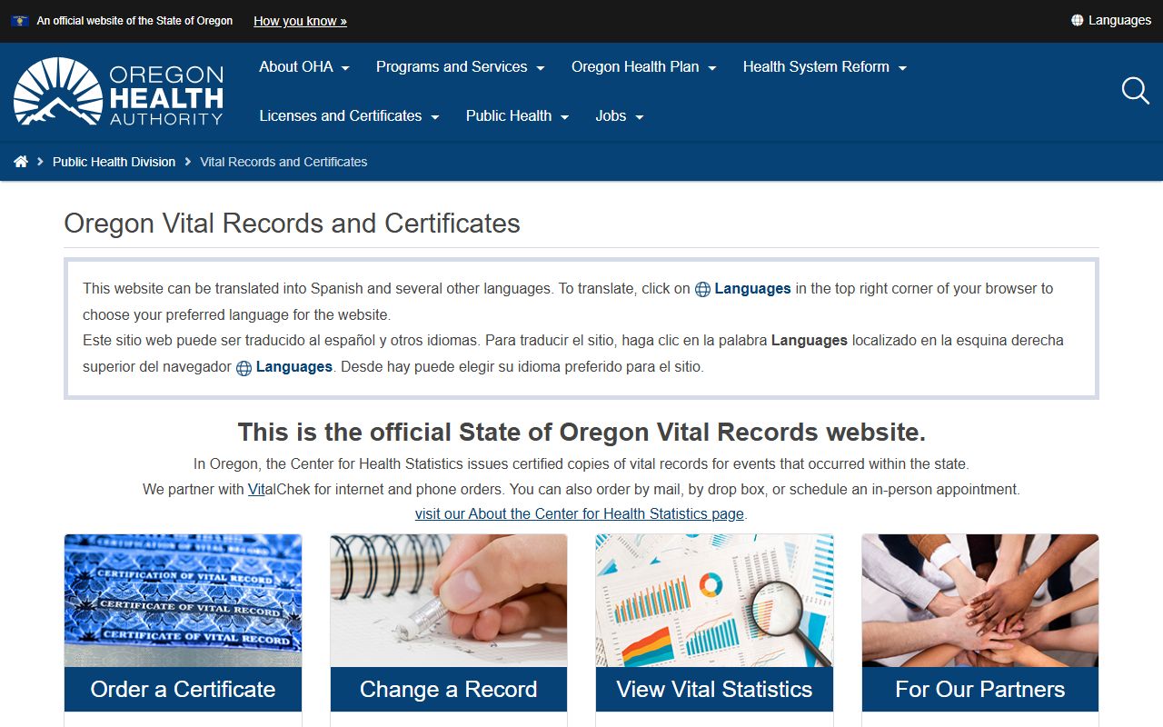 Oregon Health Authority Center for Health Statistics divorce decree ordering page