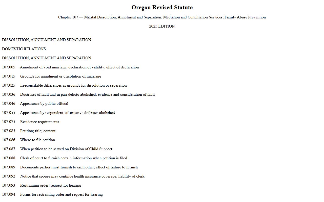 Oregon State Legislature ORS Chapter 107 governing divorce decree contents